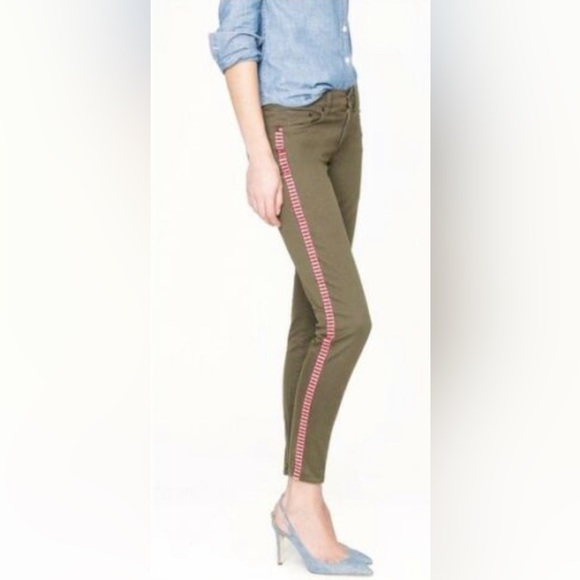 J. Crew Toothpick Jeans Olive Green w Red & White Side Stripes - Picture 5 of 7